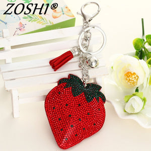 ZOSHI fashion rhinestone fruit Leather tassle women silver keychain bag pendant quality chic Car key chain ring holder Jewelry